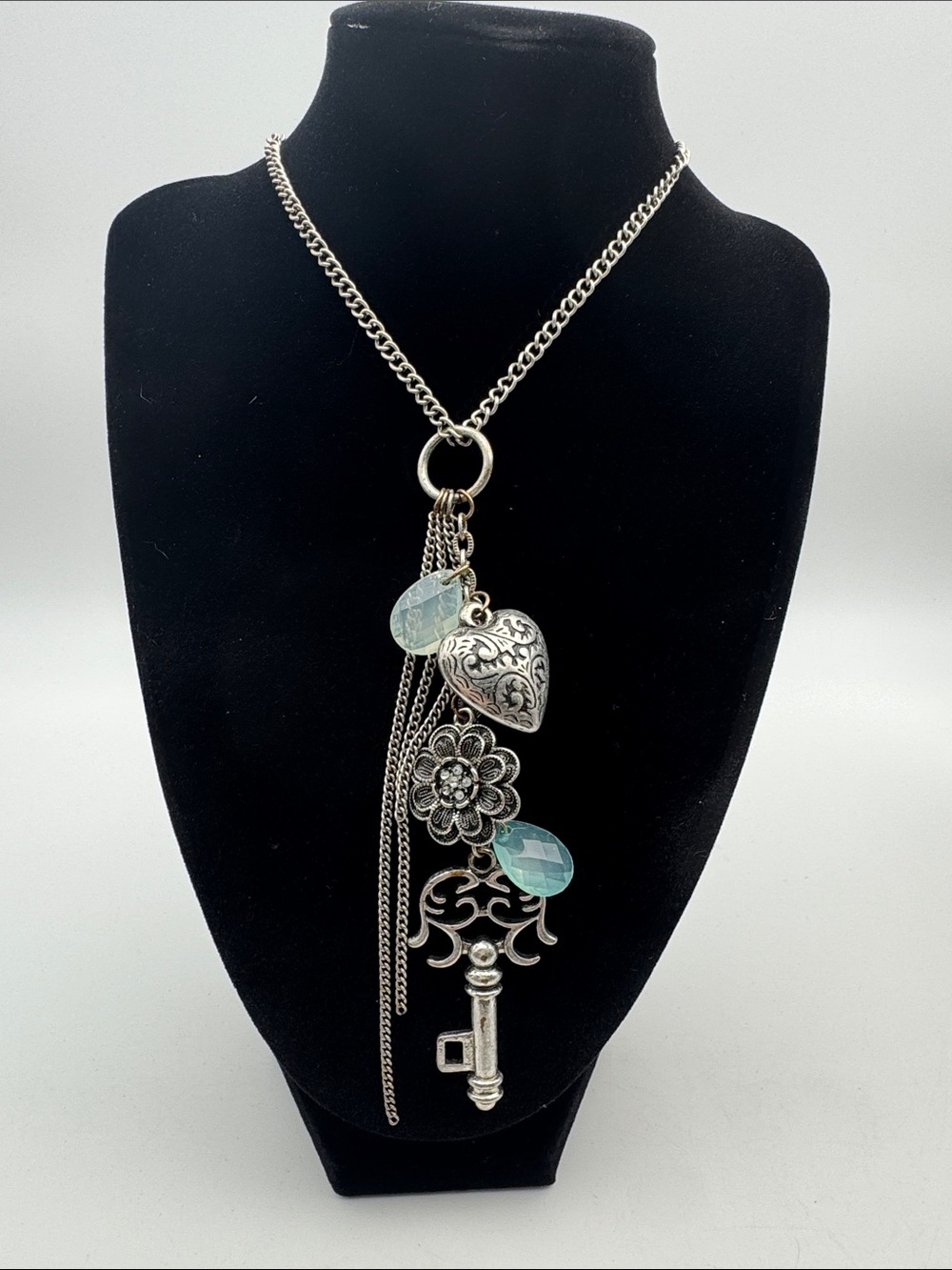 Silver-Tone Heart & Key Pendant Necklace with Aqua Accents